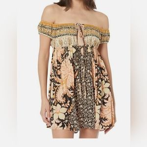 Free People Womens Black Tan Multi Off Shoulder Bali Mariposa Dress Size S